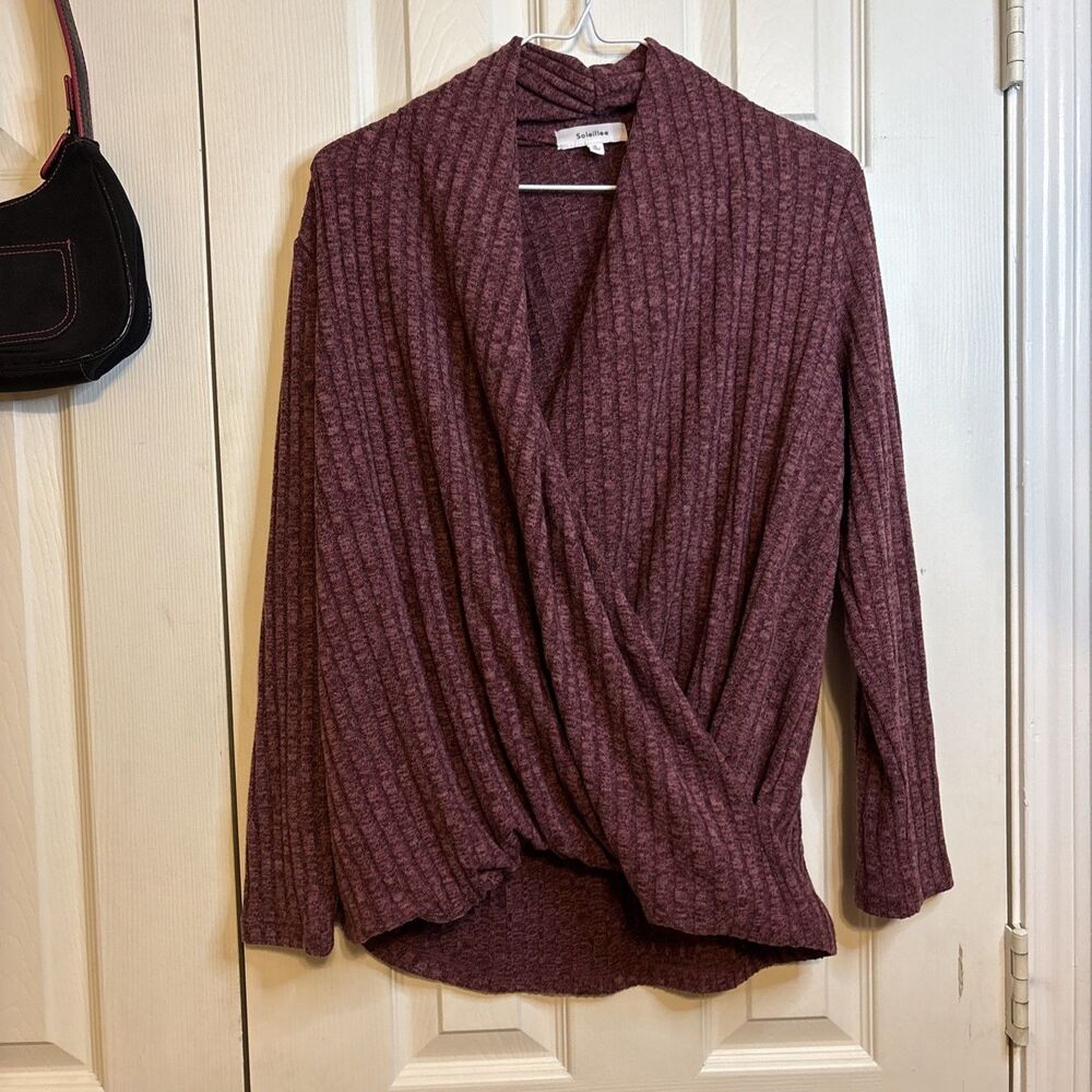 Soleillee Medium Burgundy Ribbed Knit Long Sleeve Wrap Front Top